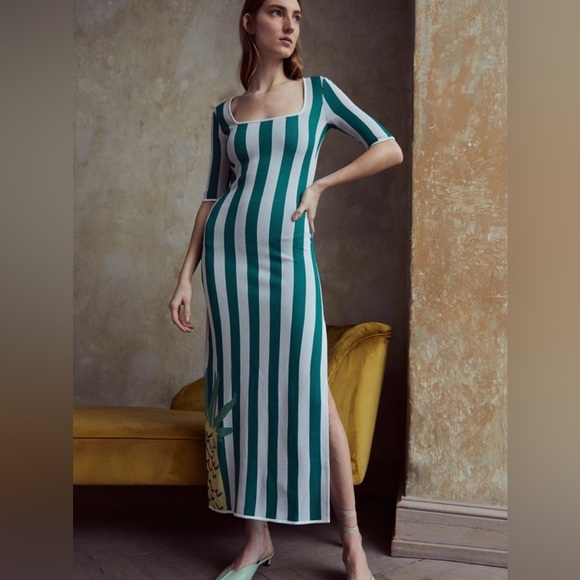 STAUD Bermuda Green White Striped Compact-Knit Dress Size L - Picture 15 of 15